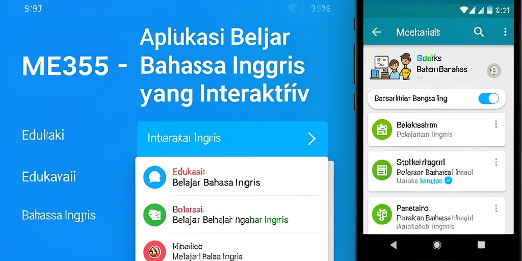 Antarmuka aplikasi ME355 yang interaktif dan user-friendly untuk belajar bahasa Inggris.