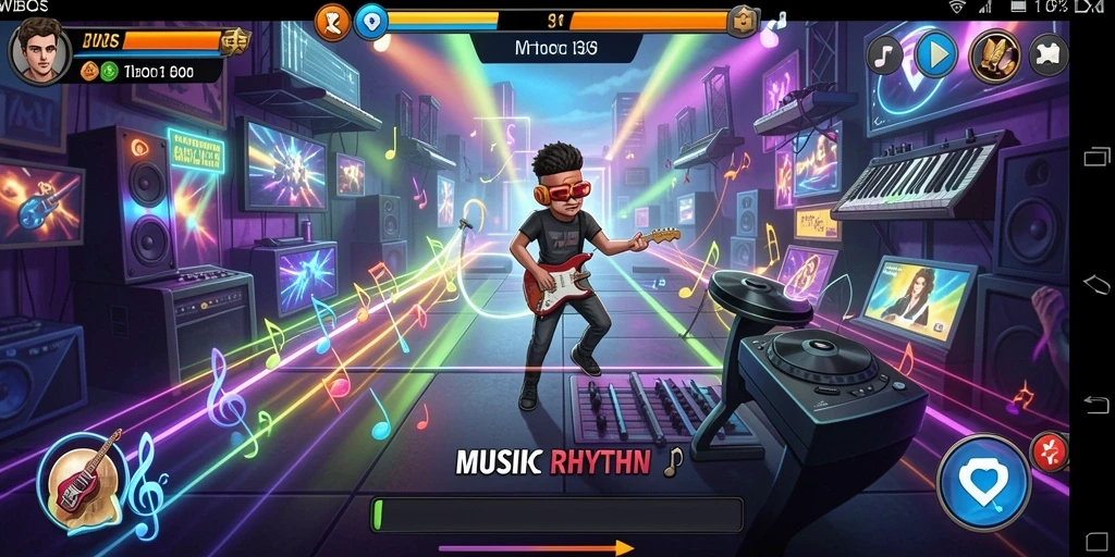 Tampilan antarmuka utama WDBOS dengan elemen Musik Rhythm yang menarik.